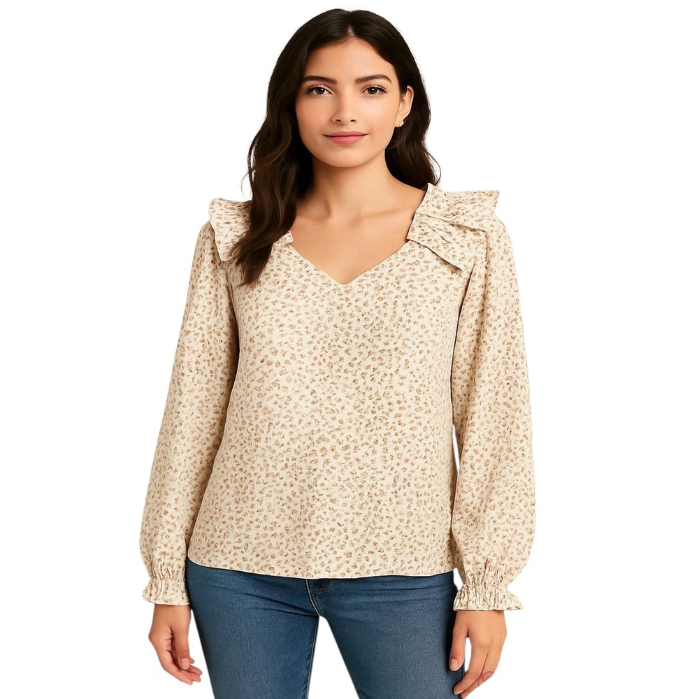 Entro Blouse Womens S Beige Animal Print Ruffle Long Balloon Sleeve Preppy Top
